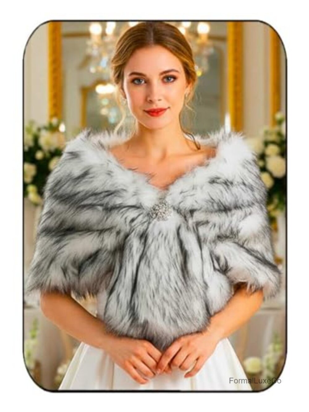 Faux Fur Shawl Wrap Stole with Brooch
